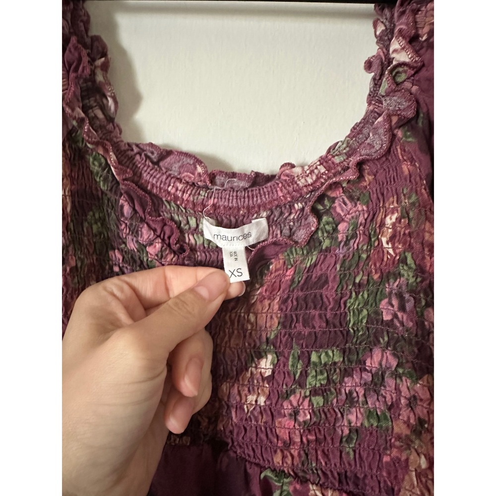 Maurices Plum Floral Smocked Midi Dress Womens XS Cottagecore Ruffle Tiered - Picture 3 of 4